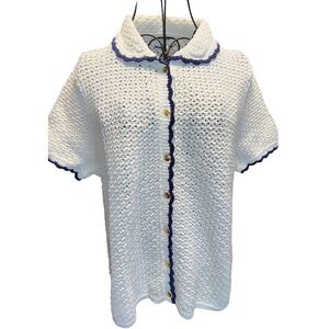 J Crew Crochet Short Sleeve Button up Cardigan Ivory Blue Trim